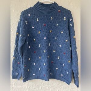 Vintage Talbots blue cable knit mock neck pullover sweater floral embroidery; L